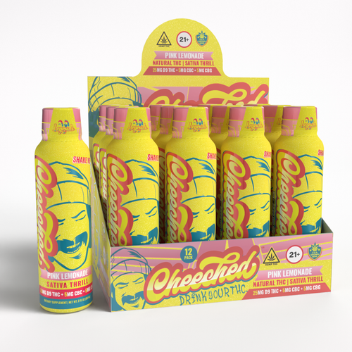 Cheech & Chong Legends Sativa THC Shot display box of 12 × 2 oz shots, 25mg THC each