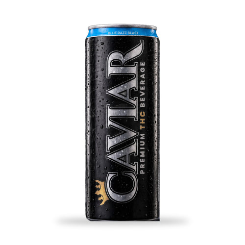 Caviar Blue Razz Blast hemp THC drink — 12 oz black can with blue top, 10mg hemp-derived Delta-9 THC + 5mg CBG