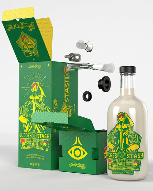 The Judge's Stash 750 mL THC spirit bottle with its Cheech & Chong gift box and glass conversion kit fittings