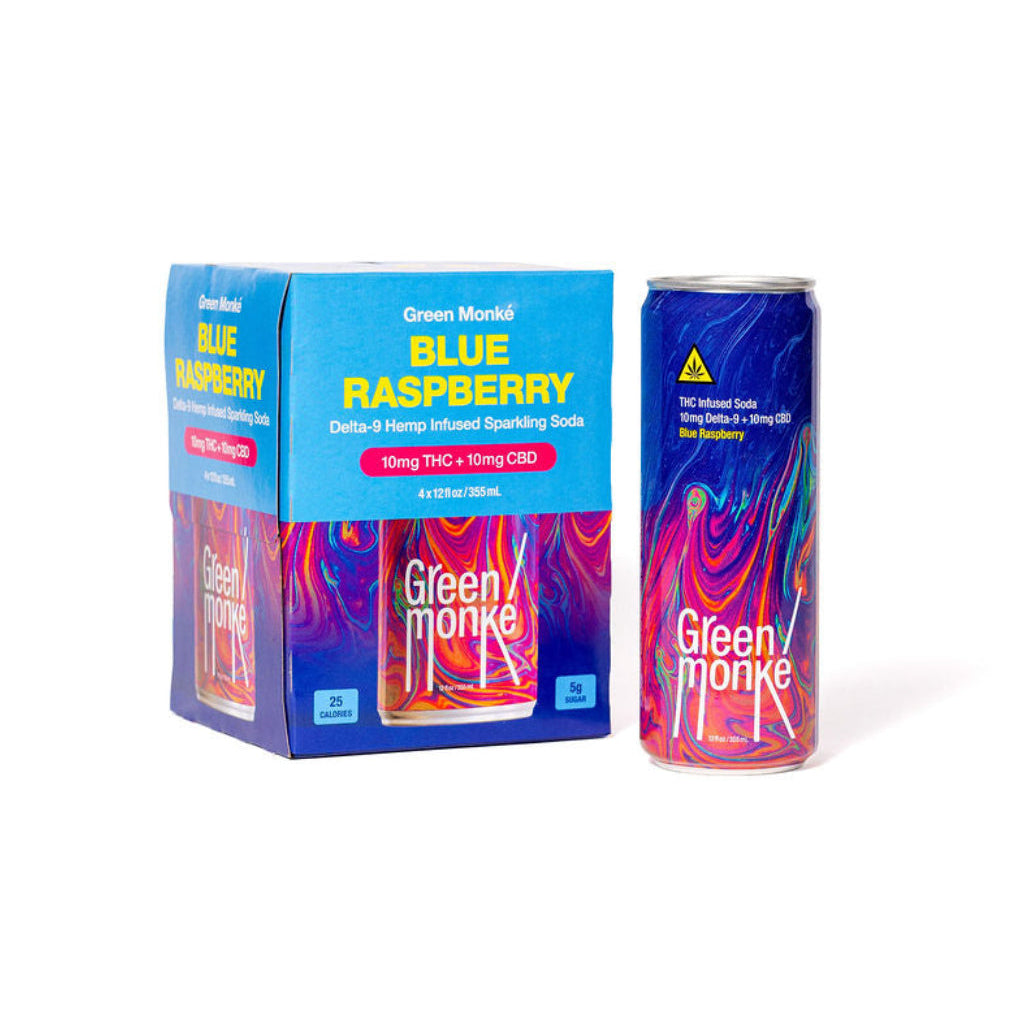 Green Monké Blue Raspberry THC soda 4-pack box and can