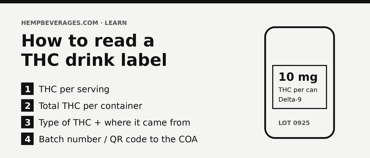 How to read a THC drink label: THC per serving, total THC per container, type of THC, batch number and QR code