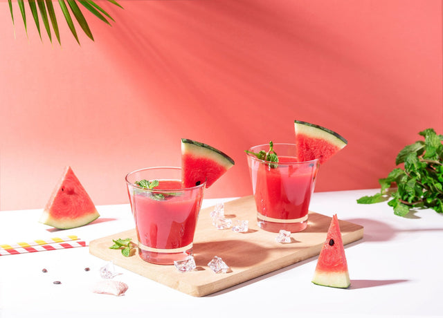 Watermelon Sour THC cocktails in two rocks glasses on a wooden board with fresh watermelon wedges and mint, on a coral backdrop
