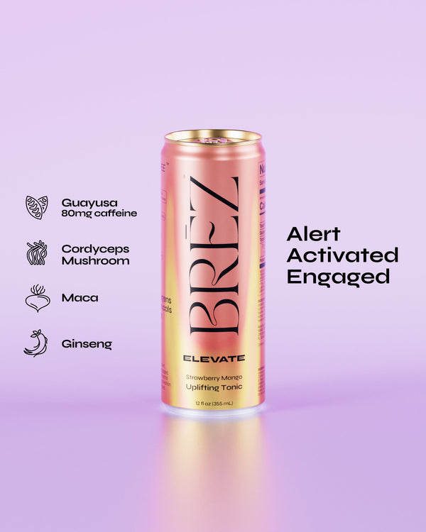 Brez Elevate zero-THC strawberry mango energy tonic 12oz can