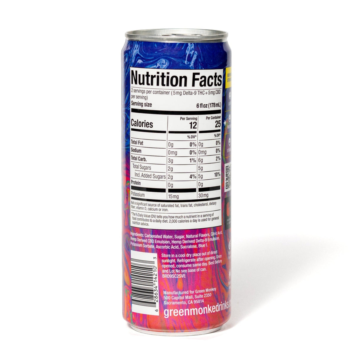 Back of the Green Monké Blue Raspberry infused soda can with ingredients and nutrition facts