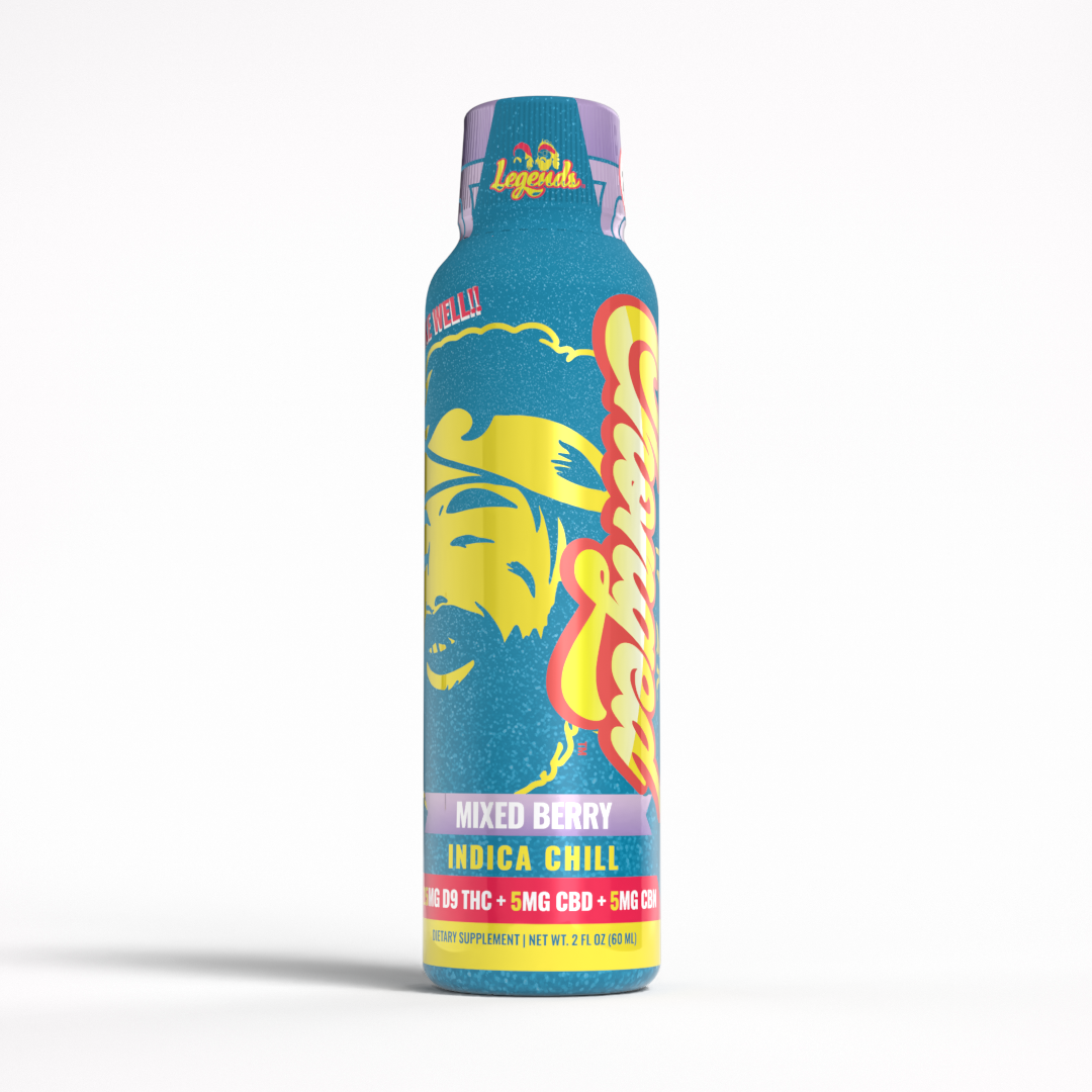Cheech & Chong Legends Indica THC Shot 2 oz bottle, front label, 25mg THC