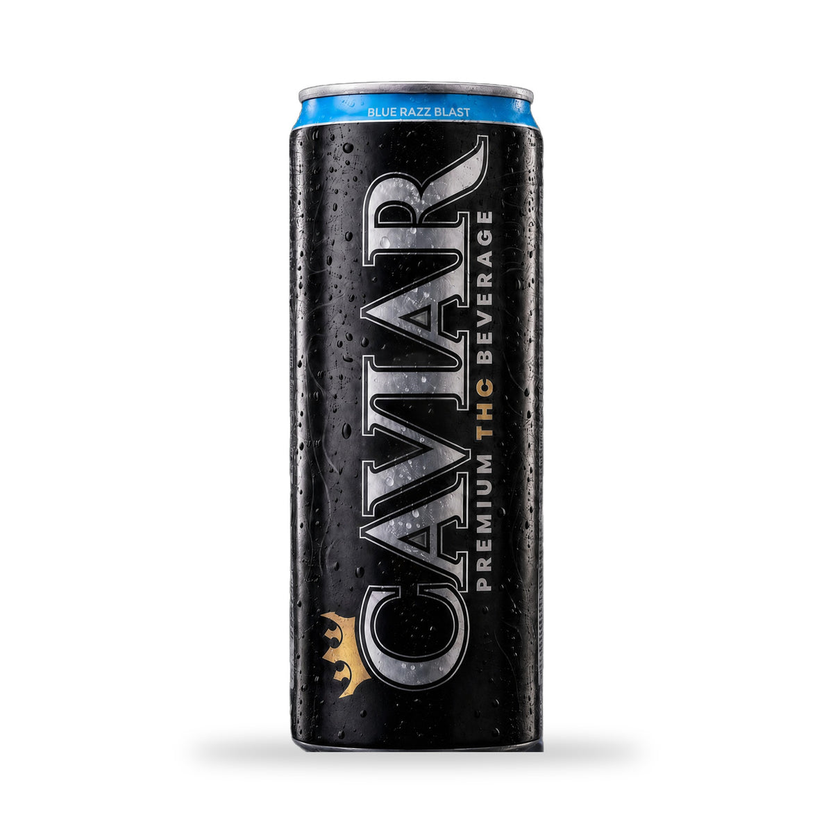 Caviar Blue Razz Blast hemp THC drink — 12 oz black can with blue top, 10mg hemp-derived Delta-9 THC + 5mg CBG