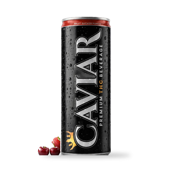Caviar Fruit Sucker Punch hemp THC drink — 12 oz black can with red top, 10mg hemp-derived Delta-9 THC + 5mg CBG, with cherries and a strawberry