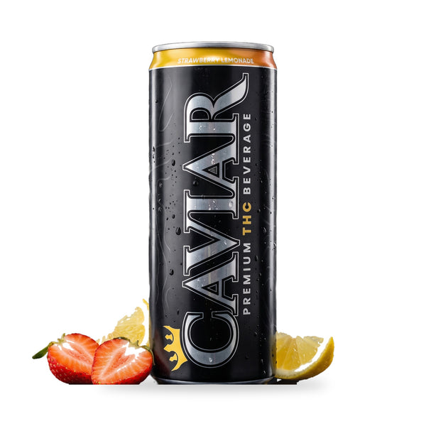 Caviar Lifted Strawberry Lemonade hemp THC drink — 12 oz black can with orange top, 10mg hemp-derived Delta-9 THC + 5mg CBG, with fresh strawberries and lemon