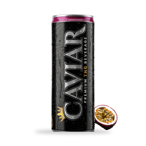 Caviar Tropical Mango Passionfruit hemp THC drink — 12 oz black can with magenta top, 10mg hemp-derived Delta-9 THC + 5mg CBG, with a halved passionfruit