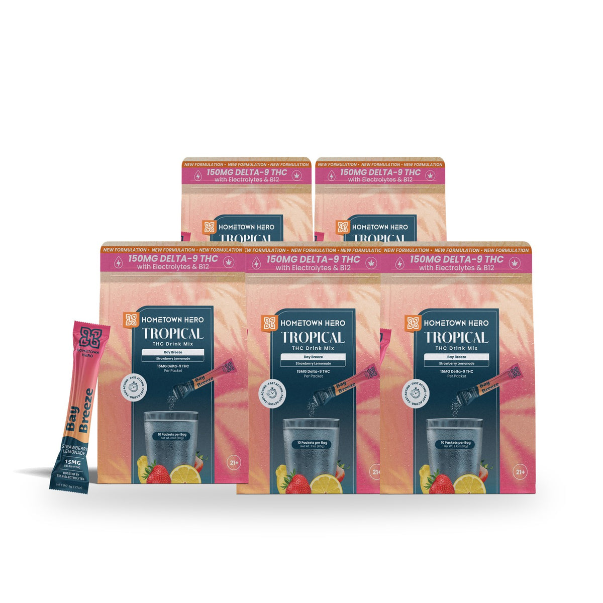 Five bags of Hometown Hero Bay Breeze THC drink mix