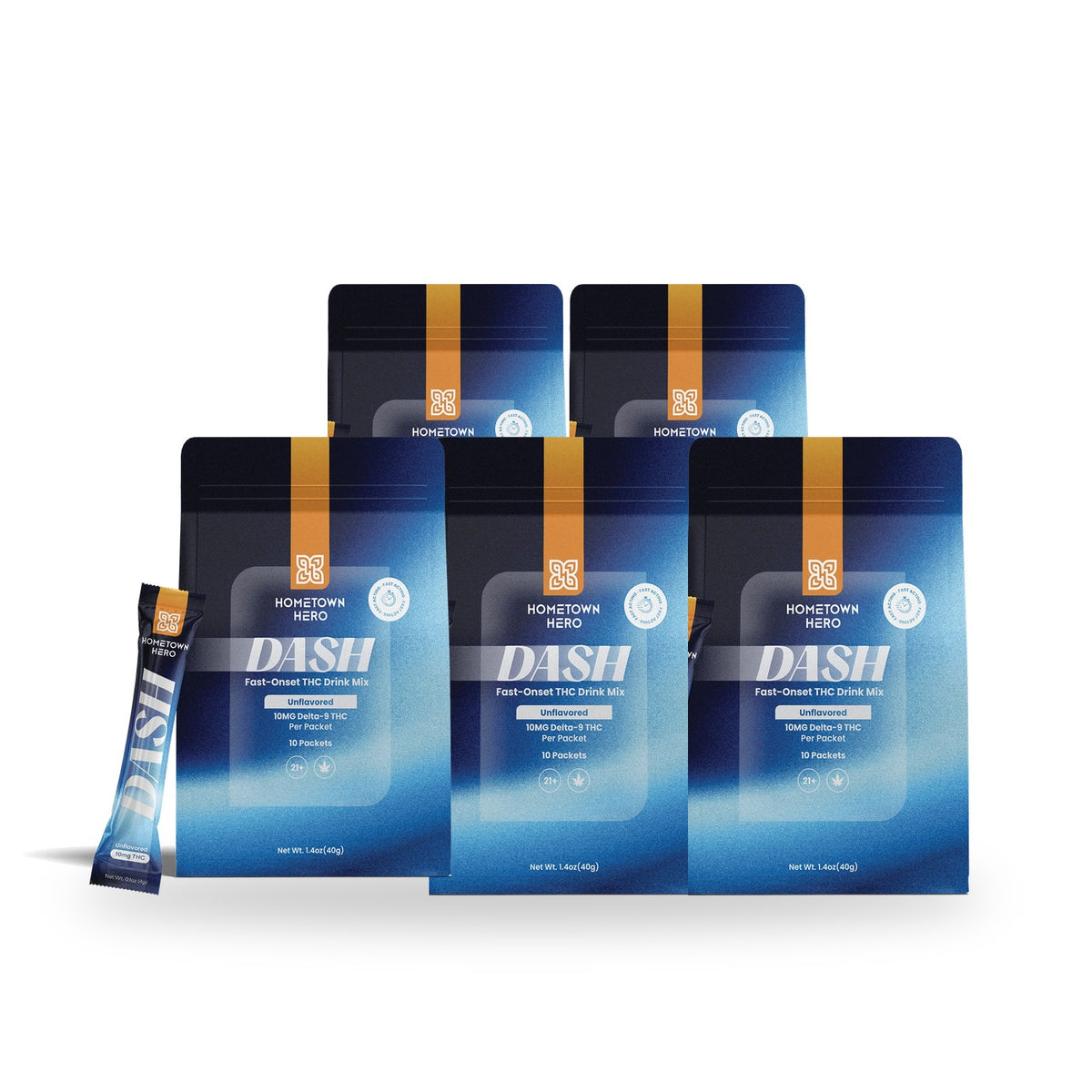 Five bags of Hometown Hero DASH unflavored THC powder