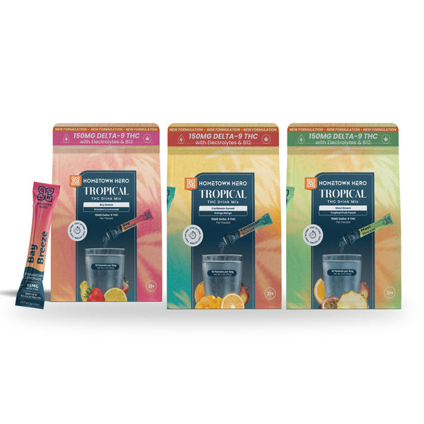 Hometown Hero Tropical THC drink mix trio: Bay Breeze, Caribbean Sunset and Maui Dream bags