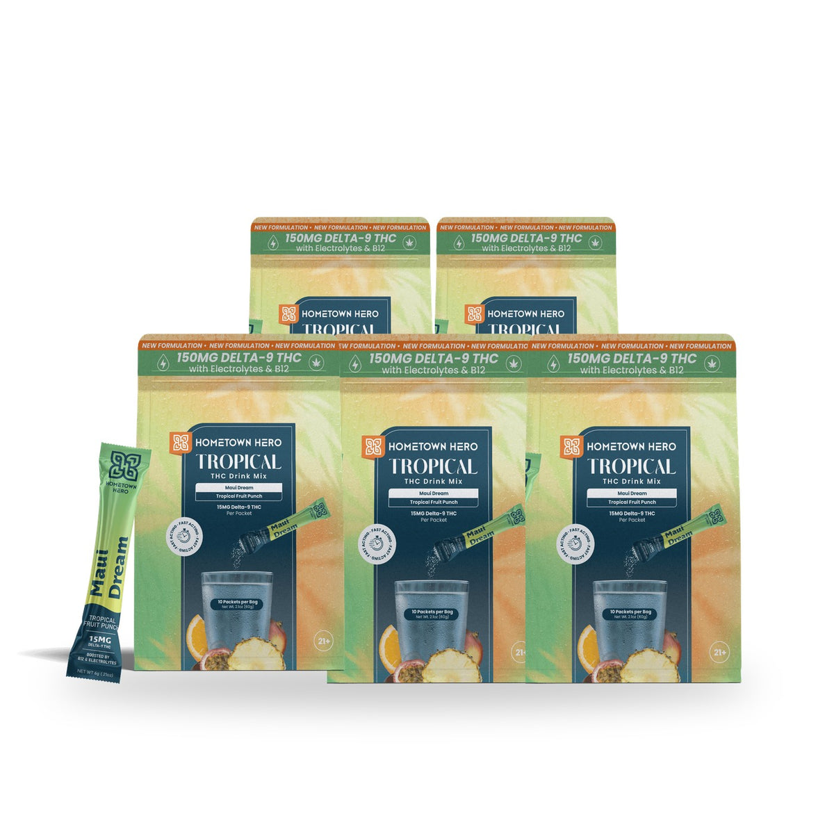 Five bags of Hometown Hero Maui Dream THC drink mix