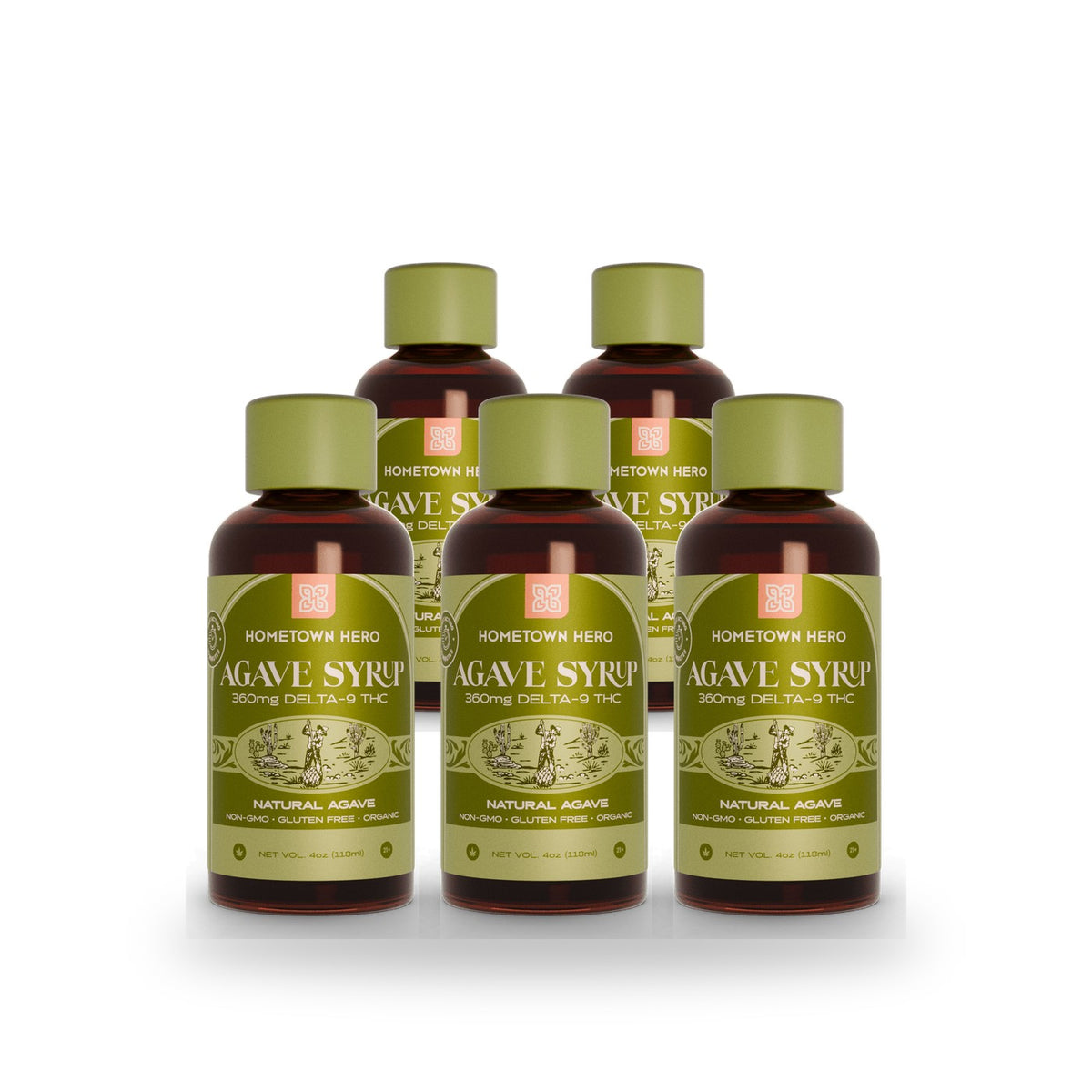 Five bottles of Hometown Hero Extra Strength Agave THC Syrup, 360mg each