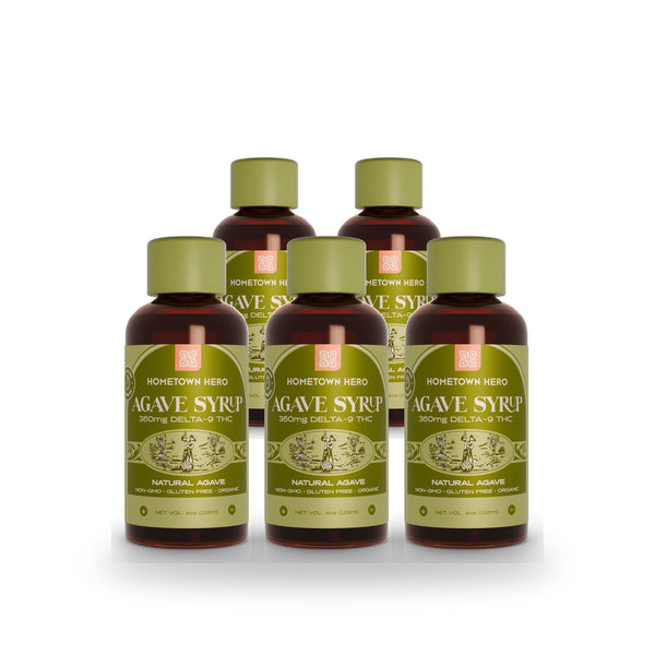 Five bottles of Hometown Hero Extra Strength Agave THC Syrup, 360mg each