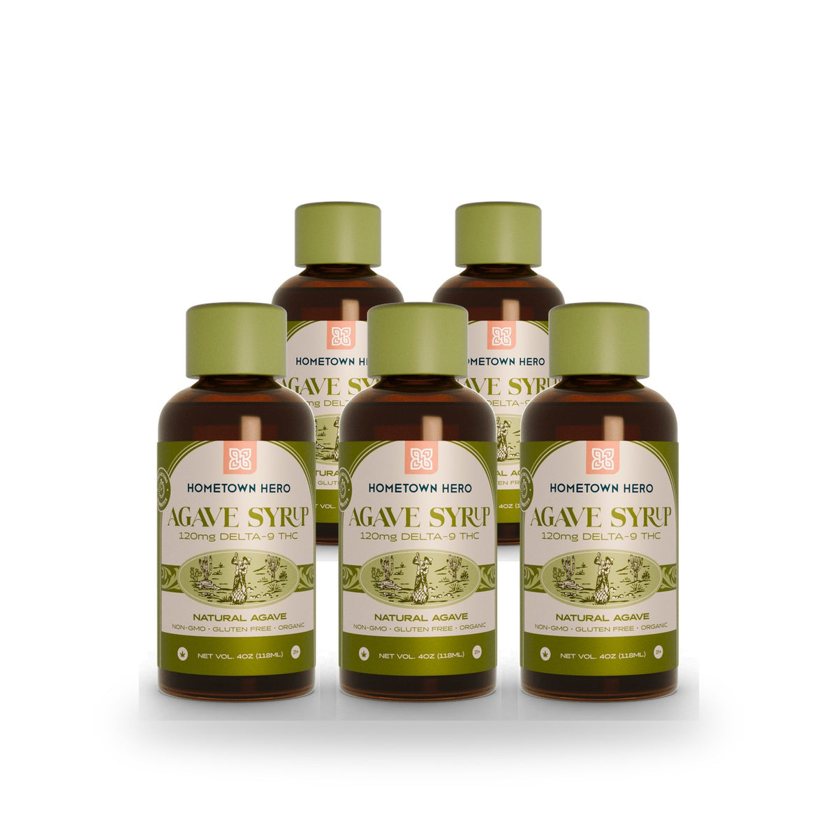 Five bottles of Hometown Hero Original Agave THC Syrup, 120mg each