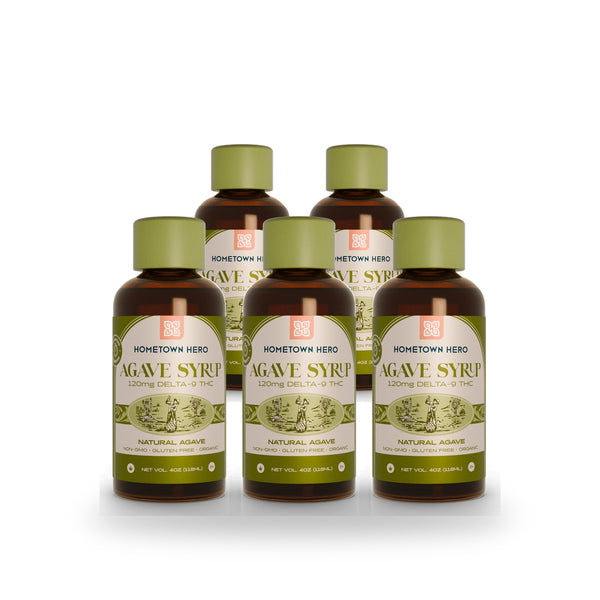 Five bottles of Hometown Hero Original Agave THC Syrup, 120mg each