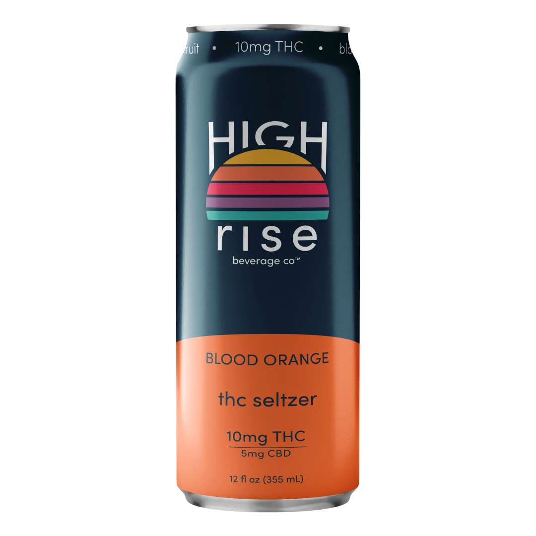High Rise Blood Orange 10mg THC 5mg CBD hemp-derived seltzer 12oz can, 24-can case