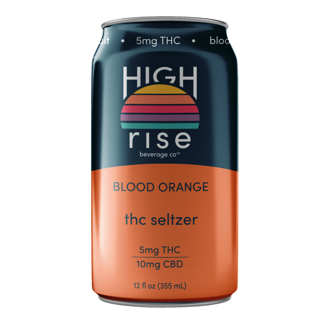 High Rise Blood Orange 5mg THC 10mg CBD hemp-derived seltzer 12oz can, 24-can case