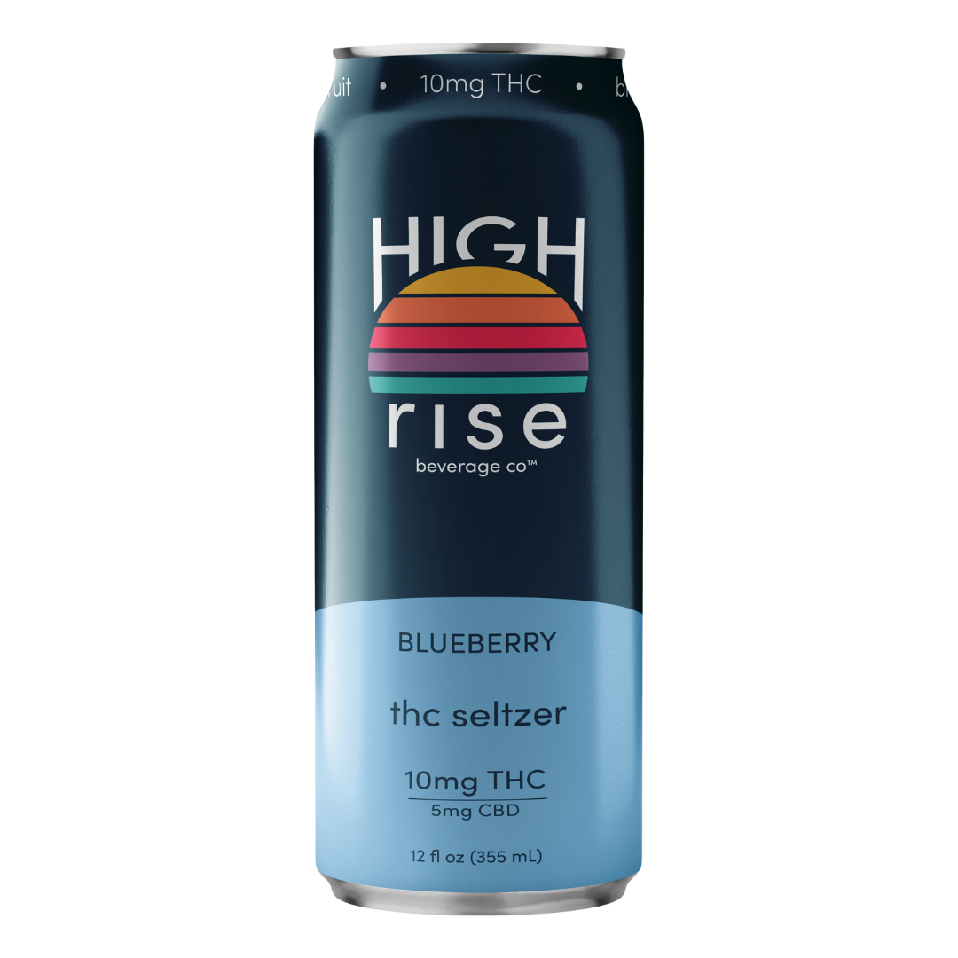 High Rise Blueberry 10mg THC 5mg CBD hemp-derived seltzer 12oz can, 24-can case