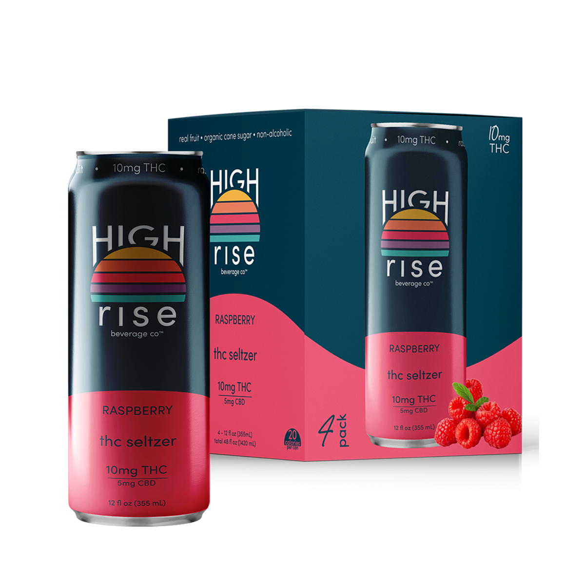 High Rise Raspberry 10mg THC hemp-derived seltzer 12oz cans, 24-can case