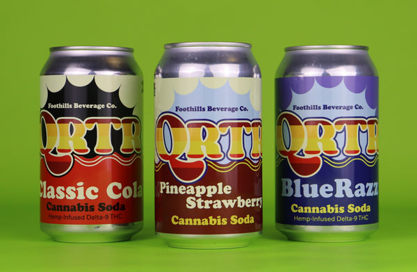 QRTR 25mg THC soda 12-pack flavor sampler: Classic Cola, BlueRazz and Pineapple Strawberry