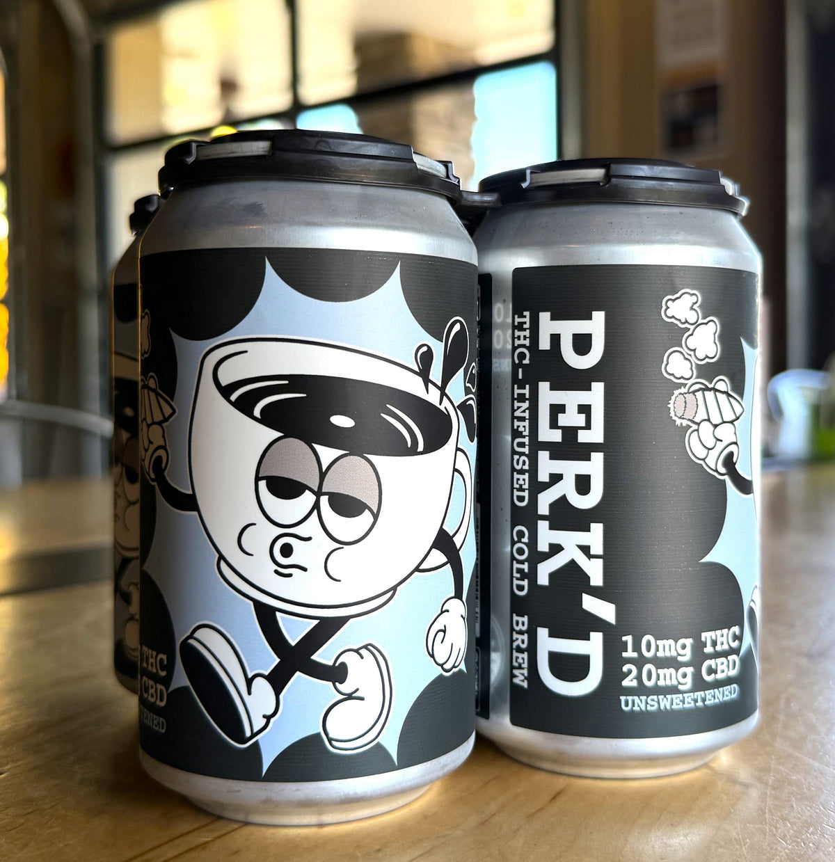 PERK'd THC-infused cold brew coffee 4-pack, 10mg Delta-9 THC and 20mg CBD per can