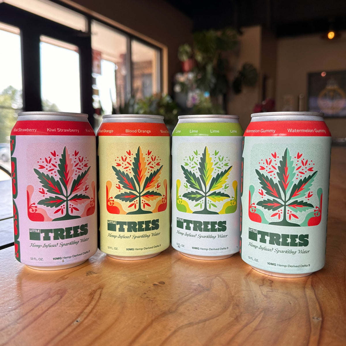 Little Trees THC sparkling water 4-pack flavor sampler: Lime, Blood Orange, Kiwi Strawberry and Watermelon Gummy
