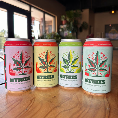 Little Trees THC sparkling water 4-pack flavor sampler: Lime, Blood Orange, Kiwi Strawberry and Watermelon Gummy
