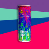Green Monké Lychee THC soda can on a bold colorblock background