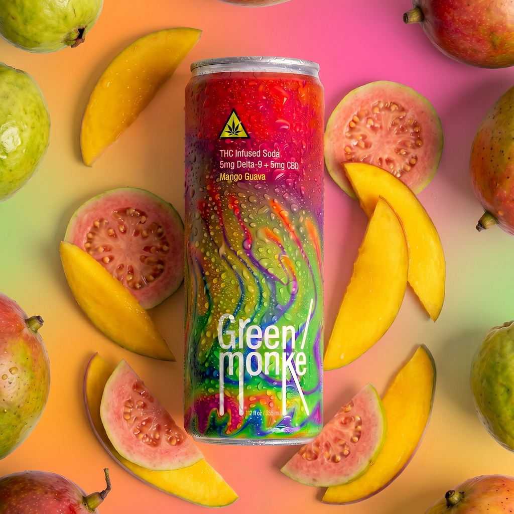 A colorful beverage can of Green Monké Mango Guava hemp THC‑infused soda upright with whole and sliced guava and mango