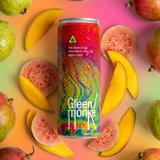A colorful beverage can of Green Monké Mango Guava hemp THC‑infused soda upright with whole and sliced guava and mango
