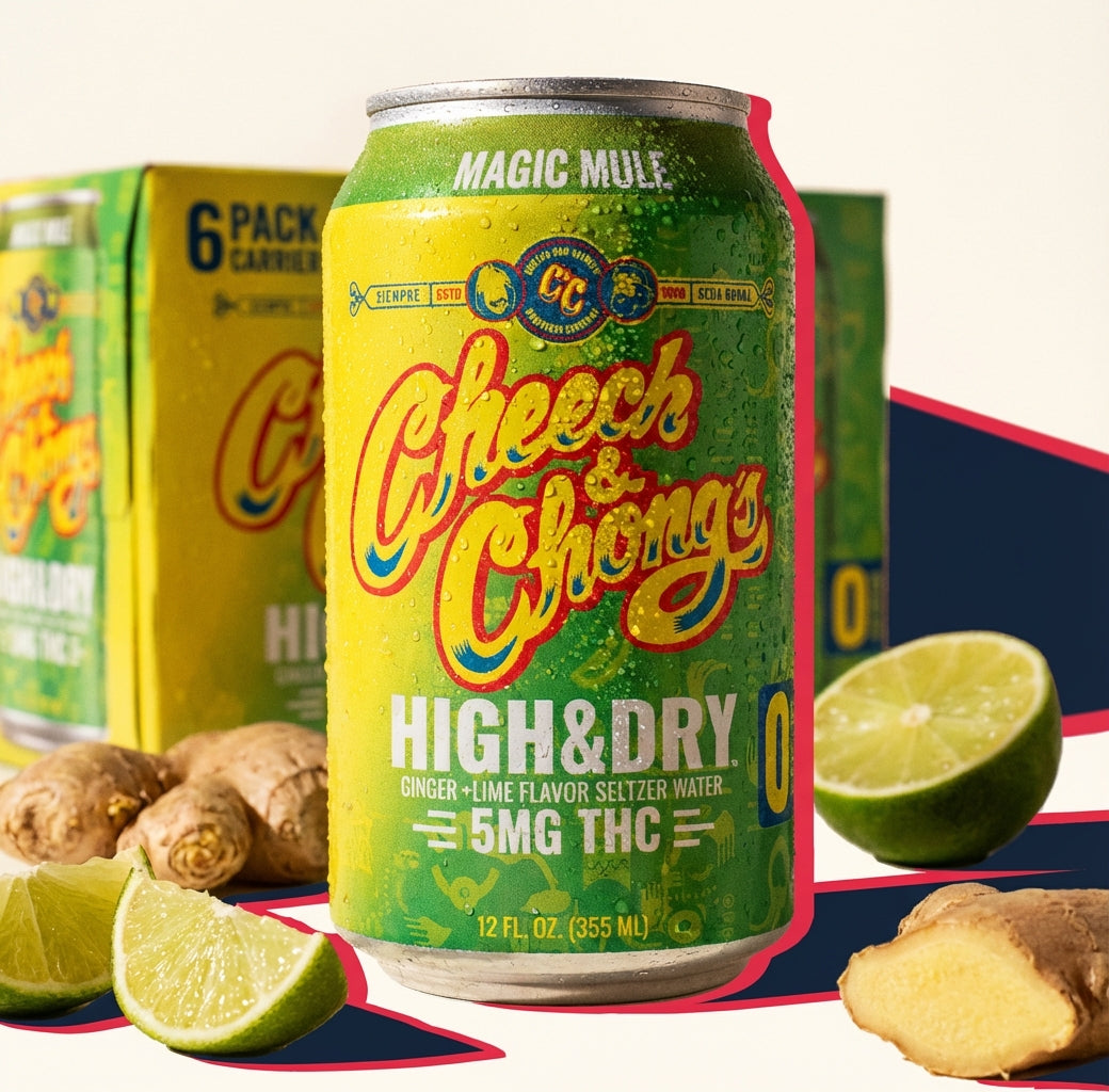 Cheech & Chong High & Dry Magic Mule THC Seltzer cans with fresh magic mule ingredients