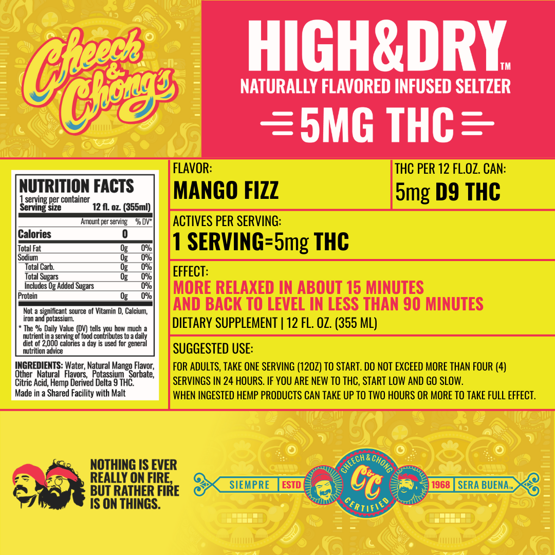 Cheech & Chong High & Dry Mango Fizz THC Seltzer 5mg THC 12 oz can
