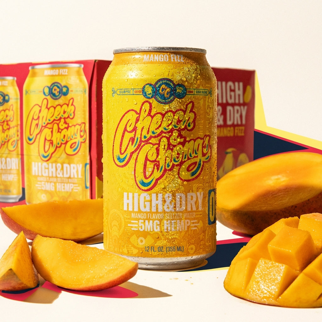 Cheech & Chong High & Dry Mango Fizz THC Seltzer cans with fresh mango fizz ingredients