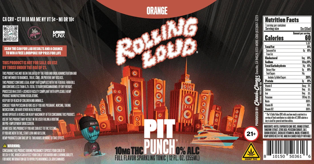 Cheech & Chong × Rolling Loud Pit Punch Orange THC Soda 12 oz can label with Nutrition Facts panel, ingredients and THC warning