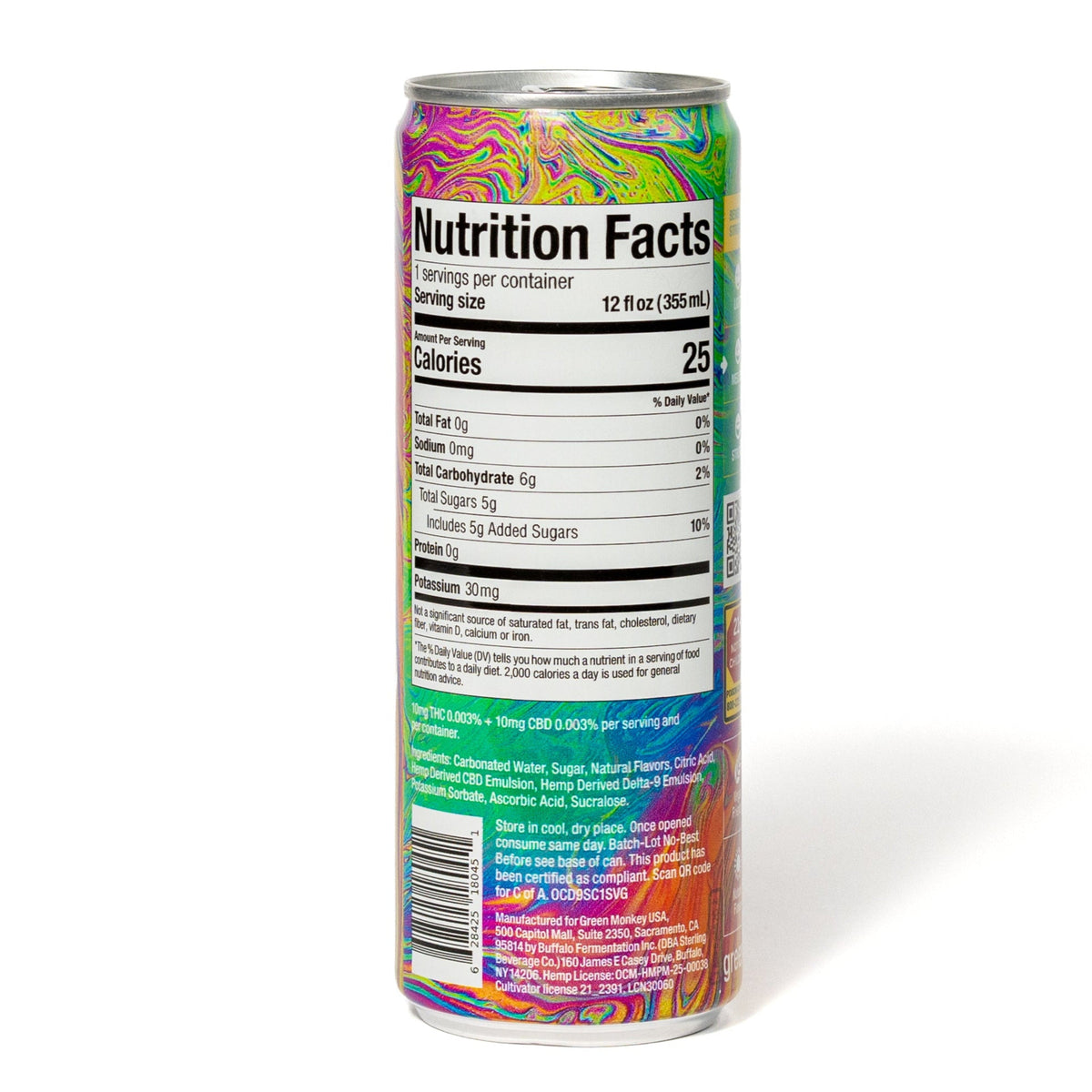 Back of the Green Monké Orange Cream THC soda can with ingredients and nutrition facts