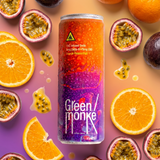 A can of Green Monké Orange Passionfruit hemp THC-fused soda surrounded by sliced oranges and halved passion fruits on a peach-to-purple gradient background