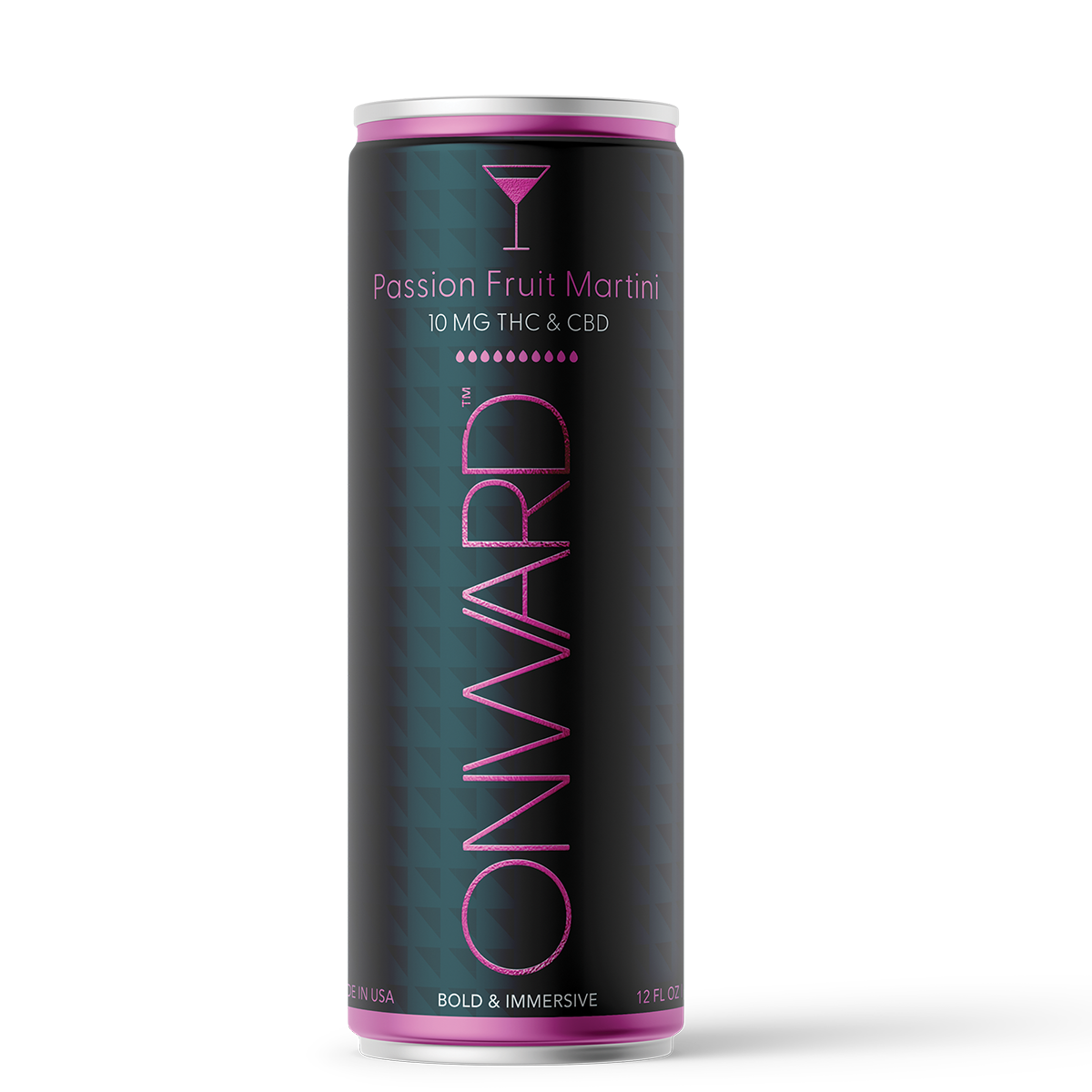 Onward Passion Fruit Martini 10mg THC-infused alcohol-free cocktail 12oz can, front label