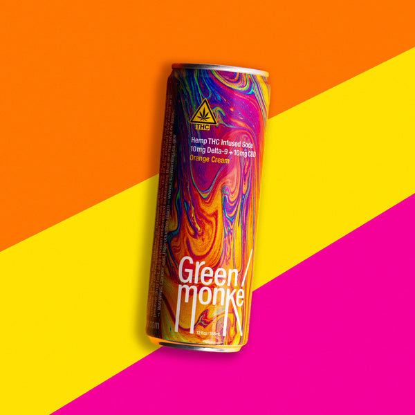 Green Monké Orange Cream THC soda can on a bold colorblock background