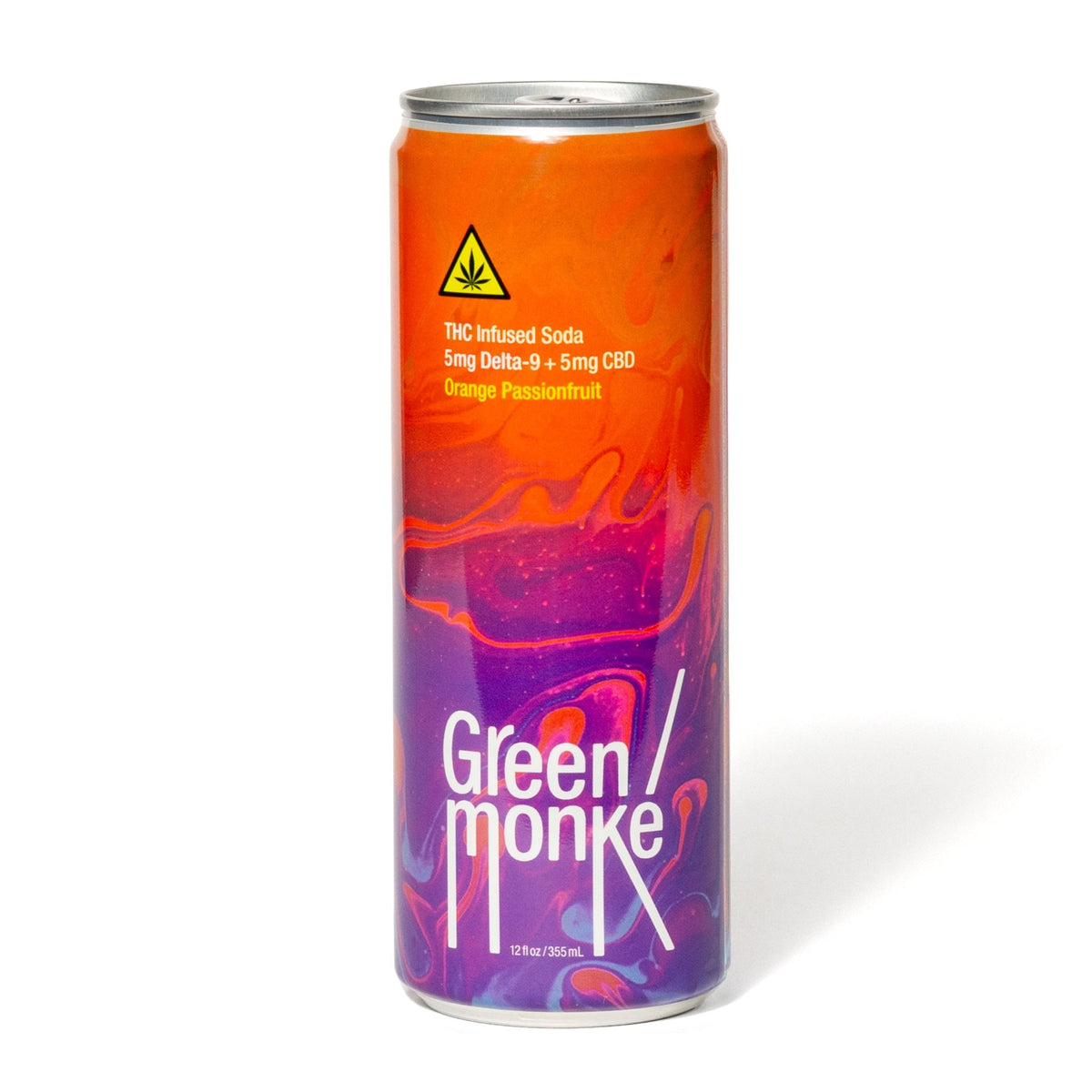 Front of the Green Monké Orange Passionfruit THC soda can — 5mg THC + 5mg CBD