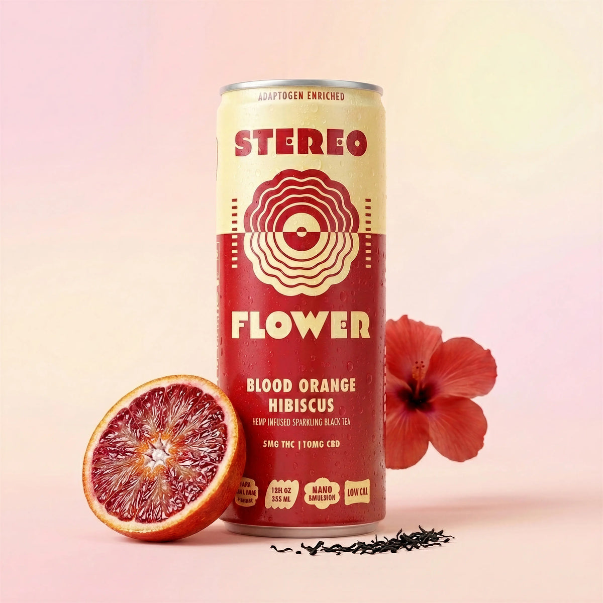 Stereo Flower Blood Orange Hibiscus sparkling black tea can, 5mg THC and 10mg CBD