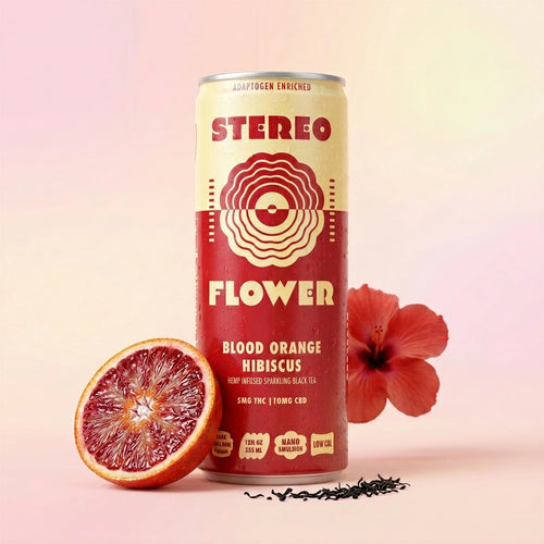Stereo Flower Blood Orange Hibiscus sparkling black tea can, 5mg THC and 10mg CBD