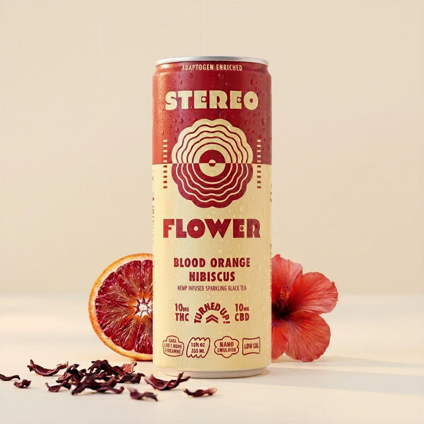 Stereo Flower Blood Orange Hibiscus sparkling black tea can, 10mg THC and 10mg CBD
