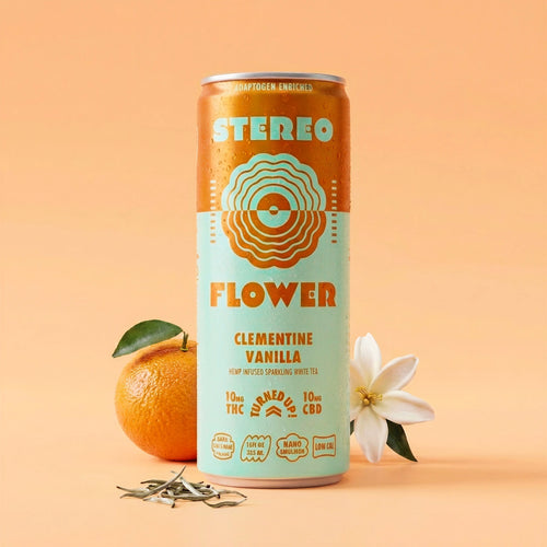 Stereo Flower Clementine Vanilla sparkling white tea can, 10mg THC and 10mg CBD