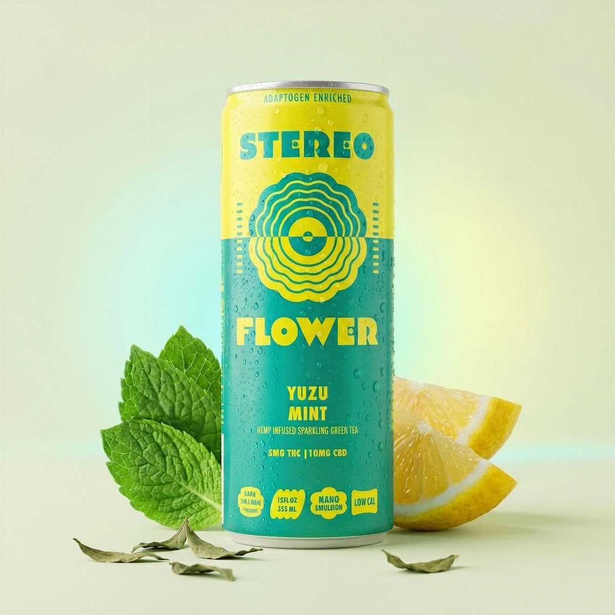 Stereo Flower Yuzu Mint sparkling green tea can, 5mg THC and 10mg CBD