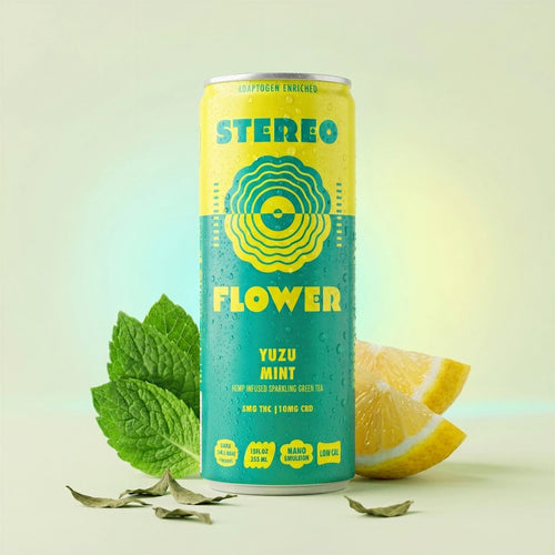 Stereo Flower Yuzu Mint sparkling green tea can, 5mg THC and 10mg CBD