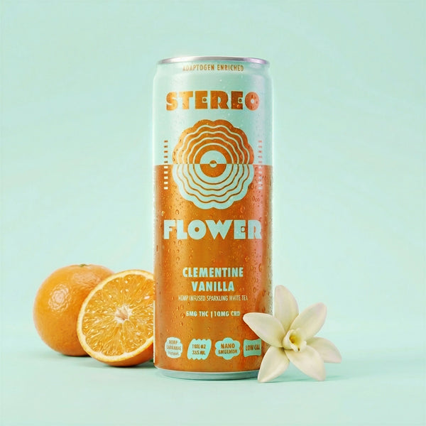 Stereo Flower Clementine Vanilla sparkling white tea can, 5mg THC and 10mg CBD