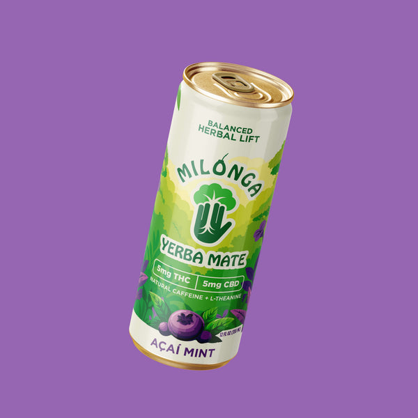Milonga Acai Mint 5mg THC sparkling yerba mate can, 24-can case