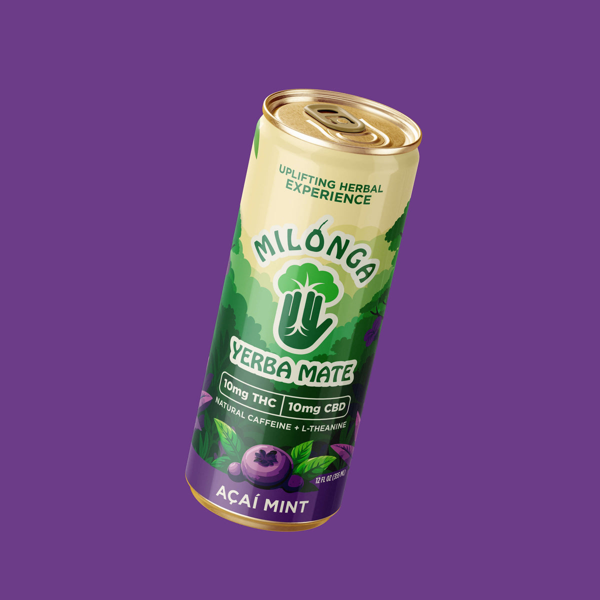 Milonga Acai Mint 10mg THC sparkling yerba mate can, 24-can case